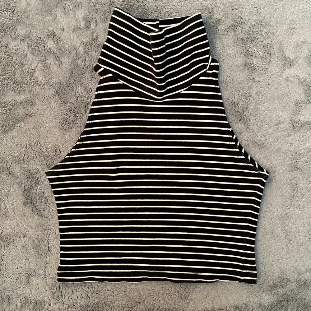 Black & White Striped Crop Stretch Turtleneck Tank